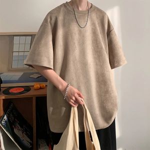 Mens Suede Short Sleeve T-shirt Vintage Loose T-shirts Women Casual Oversized T Shirt O Neck Retro Harajuku Tops Tees 240126