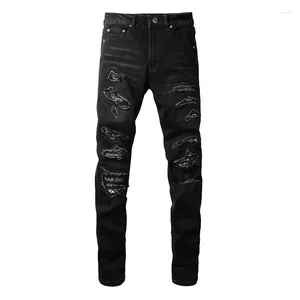 Mäns jeans EU dropp denim svart orolig repade bandanna lappar smala passade hål stretch rippade