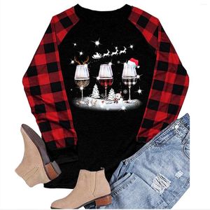 Women's T Shirts Christmas Goblet Wine Glass Print Long Sleeve Women Shirt Autumn Crewneck Graphic Tees Femme Casual Tops