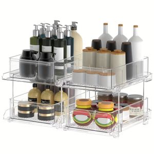 1pc 2 Tier Clear Çekme Organizatörü ve Depolama Rafı Gıda Kiler Liddivider ile Atıştırmalık Organizasyonu için 240125