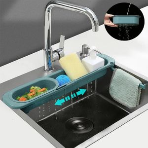 Adjustable Sink Rack Drainer Storage Basket Soap Sponge Holder Dish Organizer Telescopic Shelf Kitchen 240125