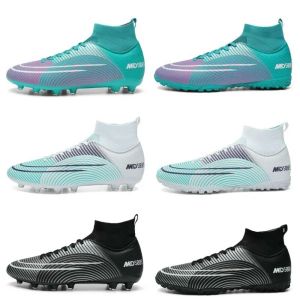 Botas de futebol femininas masculinas de corte alto jovens meninos meninas ag tf sapatos de futebol infantis confortáveis preto branco azul sapatos de treinamento tamanho grande 31-48