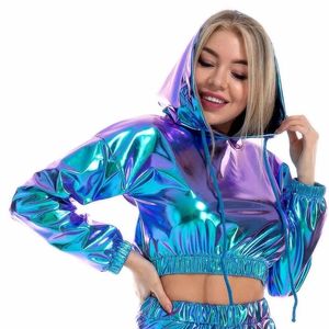 Seksi kırpılmış holografik hoodies kadınlar parlak pu metalik kapüşonlu uzun kollu kısa sweatshirt ile drawstring kazakları sokak kıyafetleri 240119