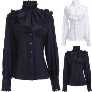 Vintage vitoriano ruched camisas de renda e blusas gótico lolita manga longa babados sólido preto branco topos camisa para mulher 240123