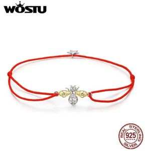 Wostu autêntico 925 prata esterlina corda vermelha abelha pulseira para mulher significa sorte todos os dias jóias presente cqb1568079805