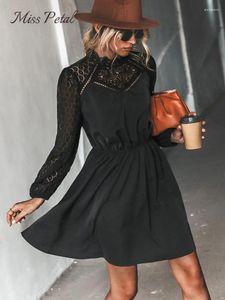 Casual Dresses Miss Petal Lace Trim A-Line Mini Dress For Woman Black Sexy Cut Out Long Sleeve Party 2024 Spring Autumn Female Sundress