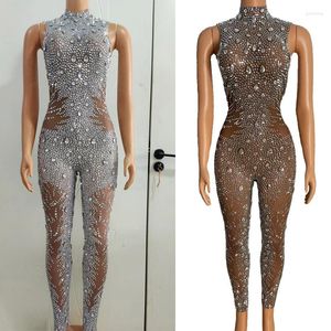 Bühnenkleidung Sparkly Full Silver Rhinestones Jumpsuit Sexy Perspektive Gogo Dance Kostüm Frauen Abend Party Outfit Rave XS7582