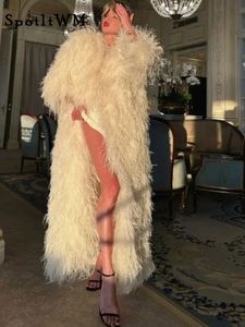 ファッションの豪華な厚いフェイクファーコートの女性のためのエレガントなふわふわの暖かい長袖ロングコート女性シックなストリートアウター240125