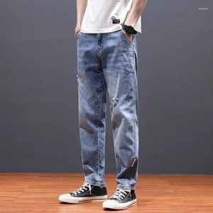 Calças de brim masculinas com buracos quebrados para homens em linha reta casual macho cowboy calças rasgadas estiramento rasgado elástico elegante y2k streetwear xs