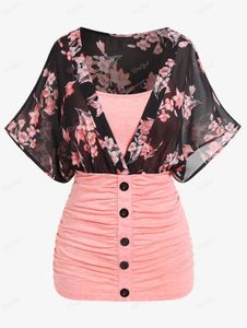 ROSEGAL Plus Size Light Pink Colorblock T-shirts Mesh Panel Flutter Half Sleeves Ruched Twofer Tees Faxu et Tops 4X 240202