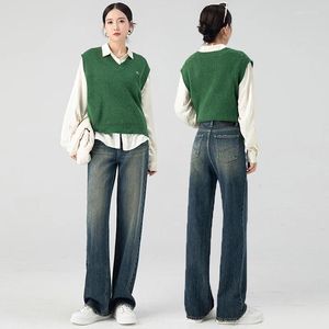 Kvinnors jeans vår 2024 minimalism rakt för kvinnor anpassade lädermärke avslappnad mångsidig denim stil retro byxor