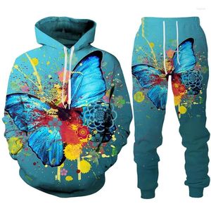Herrspårar färgglada fjäril 3D-tryck man kvinna hoodie sportbyxor tvådelar set höst vinter casual lös tröja kostym