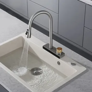 Torneiras de cozinha Gun Grey Pull Out Sink Torneira Cachoeira Água Único Furo Bacia Mista Fria Multi-funcional Torneira