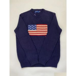 Herrtröjor Designer USA Mens Sticking Sweater S 2023 Winter Navy Blue Flag of the United States Round Neck Cotton Loose Retro Fas Dhdya