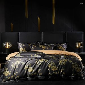Sängkläder sätter mörkgrå 1000tc egyptisk bomullsguldblommor Digitala tryck Lyxig mjuk duvet omslag Set Bedlakor Kuddepcaser