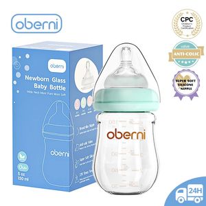 Oberni Glass Babyflaska född 150 ml antikolik BPA gratis utfodring med silikonnippel 240131