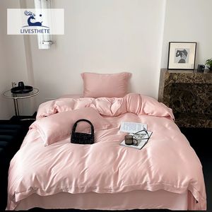 Liv-Esthete Lady Pink Set di biancheria da letto in pura seta al 100% Set copripiumino setoso Queen King Lenzuolo piatto Federa Set di biancheria da letto per il sonno Regalo 240202