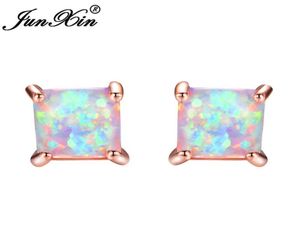 junxin greenbluewhite fire opal stud earrings for women rose gold fill square earrings princess cut brirtstone erringギフト9945740