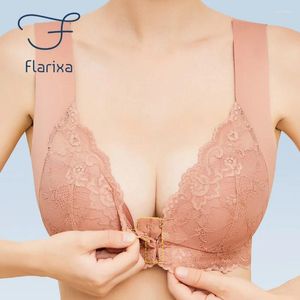 Bras flarixa stor storlek Push Up Bra Sexig spets för kvinnor tråd gratis spänne främre stora byst underkläder osynlig rygglös bralte