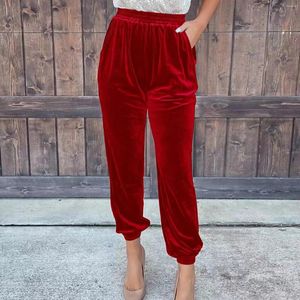 Kvinnor Pants Fashion 2024 Elegant Red Velvet för kvinnor Autumn Winter Elastic High midje Casual Shorts Solid Color Loose Trousers