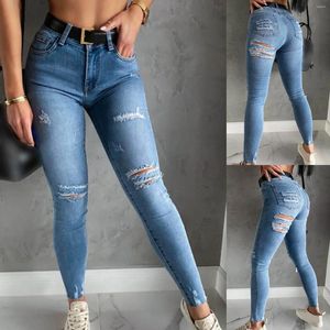 Kvinnors byxor denim penna för kvinnor vår sommar rippade hål mode jeans hög midja smala montering byxor byte lyft