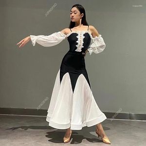 Palco desgaste moderno vestido de dança de salão mulheres fora do ombro rendas mangas bufantes tango desempenho traje clube baile competição