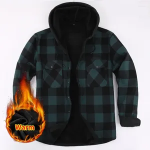 Camisas casuais masculinas com capuz camisa de inverno jaquetas e casacos moda xadrez de pelúcia quente manga longa masculino hoodies casaco my1010