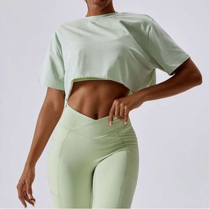 Summer Tee Lu Align Woman Shaper Waist Tummy Tshirt Cotton Casual Women Short Sleeve Dance Sports Running Clothes Fitness Crop Top Loose Gym Workout Shirts Jogger 202