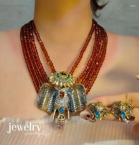 Necklace Earrings Set Delicate Vintage Elephant Jewellery Sets Colorful Crystal Accessories For Women Trendy Multilayered Necklaces Earring