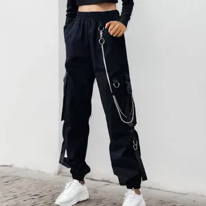 Women's Pants Women Y2K Cargo 2024 Harem Fashion Punk Pockets Jogger Trousers With Chain Harajuku Elastics High Waist Streetwear