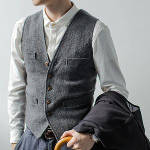 Mens Suit vest 양모 블렌드 우아한 소매 vneck 버튼 슬림 한 Herringbone Waistcoat wedding 240119