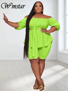 WMSTAR Plus Size Two Piece Outfits Women in Matching Shorts Set Loose Top With Bandage Summer Wholesale Drop 240129