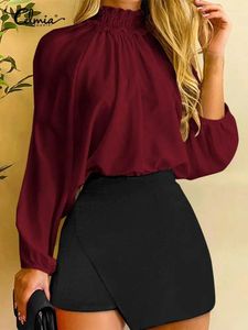 Bluzki damskie Celmia Women 2024 Fashion Blusa Elegancka Lady Solid imprezowa koszula Autumn Vintage Bluzka z długim rękawem Shirred High Collar Casual