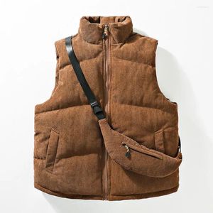 Gilet da uomo Gilet in cotone da uomo Colletto alla coreana Protezione per il collo Senza maniche Tasche imbottite ispessite Cardigan caldo Gilet casual con borsa sul petto