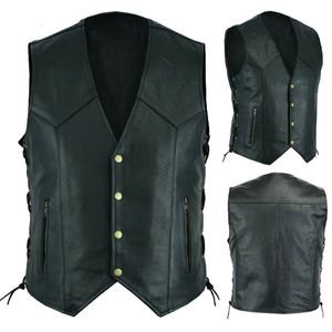 Mens Black Faux Leather Vest Punk Vneck Side Zipper Pocket Sleeveless Top Motorcykel Fashion Handsome Riding Waistcoat S5xl 240202