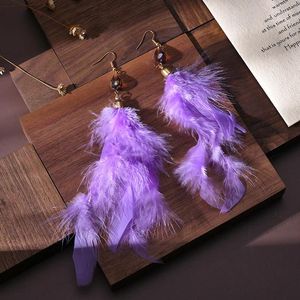 Dangle Earrings Bohemian Purple Feather Crystal Beaded Long Women Hangers 2024 Fashion Exaggerated Ladies Boho Jewelry