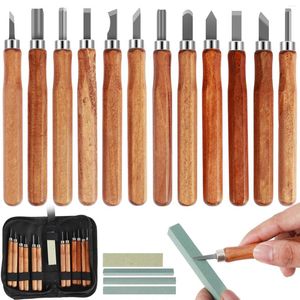 12Pcs Wood Carving Tools With 4 Sharpening Stones Hand Cutter Set Bag Carbon Steel Chisels