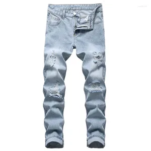 Herr jeans casual denim byxor knä rippade ljusblå rak fit hål förstört mode dagligen