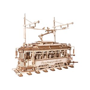 Robotime Rokr Classic City Tram Car Moveable Wooden Toys Building Block Sets 3D木製パズル大人のための10代のクリスマスギフト