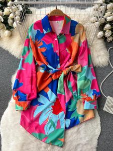 Casual Dresses Foamlina Spring Fashion Women's Shirt Dress Multi-Color Print Turn-Down Collar långärmad Sash Bow-bundna knappar Kort