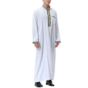 Ethnic Clothing Muslim Men Jubba Thobe Solid Color Patchwork Robe Saudi Musulman Shirt Stand Collar Islamic Arabic Kaftan Abaya