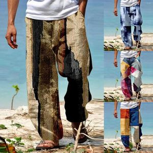 Мужские брюки, летние пляжные брюки с эластичной резинкой на талии и 3D-принтом в полоску, мужские большие и высокие M 1, лен