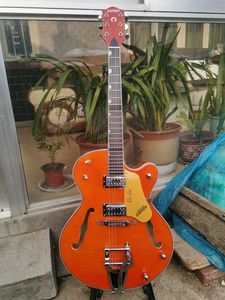 OEM Orange-red Swiss Flame Maple Top electric Guitar, semi-hollow guitar body, large vibrato Bridge, in stock,