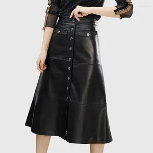 Skirts Women's High Quality Genuine Lambskin Leather Skirt Below Knee Button