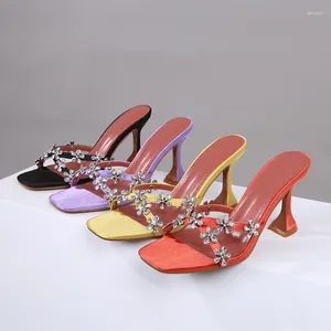 Slippers Spring And Summer Women's High-heeled Sandals Fashionable Wine Glass Heels Rhinestone Flower Mule