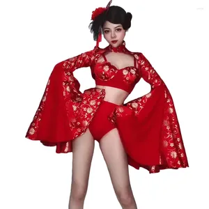 Sahne Giyim Gece Kulübü Bar DJ Kadın Stil Kırmızı Büyük Kollu Bikini Kostüm Şarkıcı Lider Dansçı Seksi Performans Giysileri
