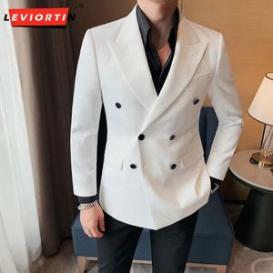 Schwarz-weiße zweireihige formelle Herren-Anzugjacke, maßgeschneiderter Slim-Fit-Mantel für Hochzeit und Bräutigam, einfarbig, 240201