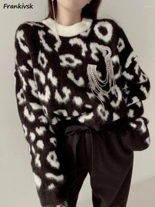 女性用セーター4色ヒョウ女性ビンテージシックルーズシンプルデイリーオールマッチスプリングレディースハイストリート衣料韓国スタイルカジュアル