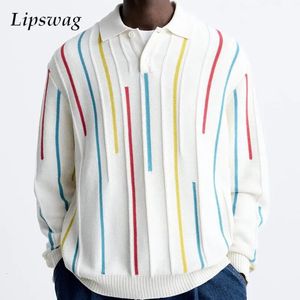 Casual Striped Jacquard Knitting Polo Shirt For Men Spring Long Sleeve Buttoned Lapel Knitted Jumper Tops Mens Clothes Knit 240202