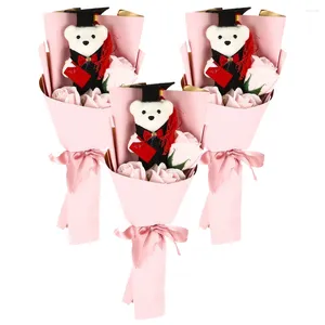 Fiori decorativi 3 pezzi Bouquet di laurea Portachiavi di cartone animato Regali Il suo 2024 Fiore Orso Peluche Schiuma Grazie Miss Compleanno Cesto di sapone